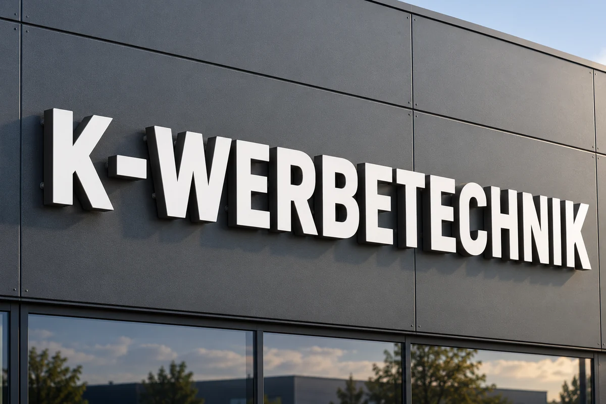 Dieselben dreidimensionalen Buchstaben mit weißen Fronten auf einer anthrazitfarbenen Fassade bei Tageslicht