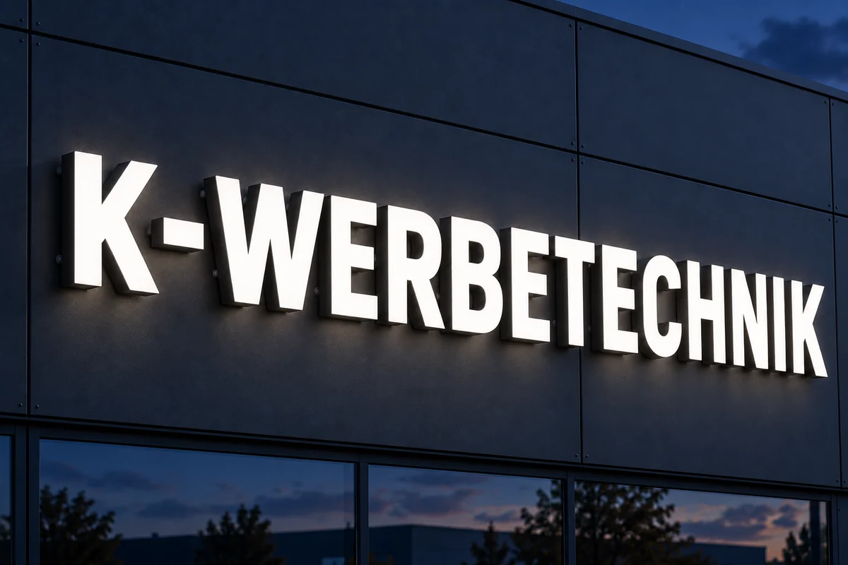 Gestaltungsbeispiel: einzeln montierte Leuchtbuchstaben K-WERBETECHNIK mit weißem Licht bei Nacht