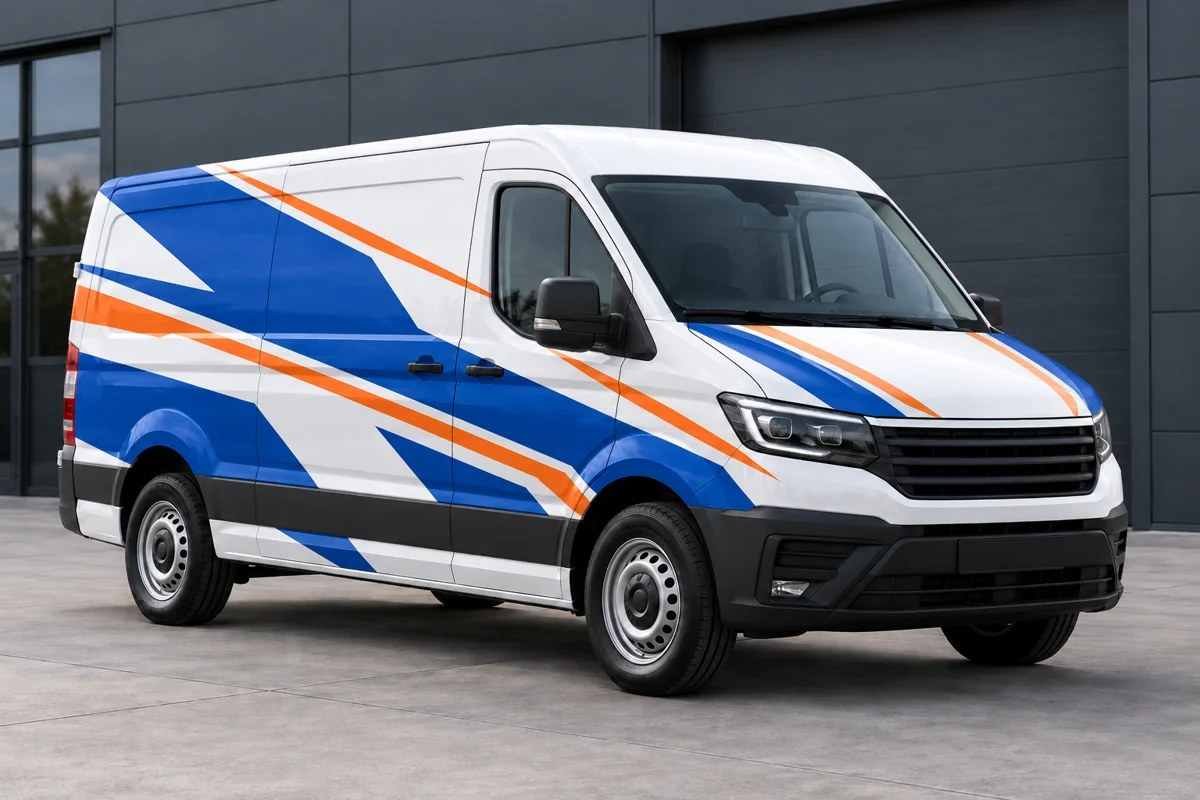 Gestaltungsbeispiel: Transporter mit blauen und orangefarbenen Folienflächen