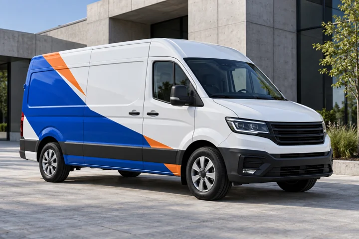 Gestaltungsbeispiel eines Transporters mit markanter blauer und orangefarbener Teilfolierung